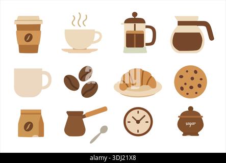 Icona Coffee and Breakfast impostata su sfondo bianco Illustrazione Vettoriale