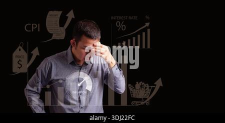 L'uomo preoccupato ha sottolineato l'aumento dei tassi di interesse e l'aumento dei prezzi al consumo. Pressione economica, onere finanziario derivante dalla tendenza globale all'inflazione, stress, Foto Stock