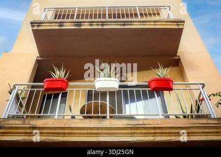 Una vista ad angolo basso di un moderno balcone dell'appartamento con ringhiere in argento e vasi decorativi di fiori rossi e bianchi con aloe vera contro un cielo blu. Foto Stock