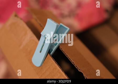 Oggetto domestico clothespin in plastica blu Foto Stock