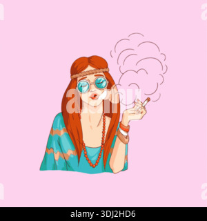 Un'illustrazione di una donna in stile hippie che fuma Illustrazione Vettoriale