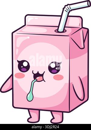 Personaggio Kawaii Strawberry Milk Carton, carino illustrazione vettoriale della scatola per bevande rosa, stile piatto Illustrazione Vettoriale