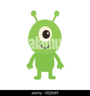 Simpatico personaggio alieno verde dei cartoni animati sorridente su sfondo bianco, progettato per storie per bambini, branding divertente e progetti di illustrazione fantasy Illustrazione Vettoriale