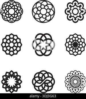 Motivo geometrico decorativo nero con silhouette Mandala Vector Flora Set Illustrazione Vettoriale