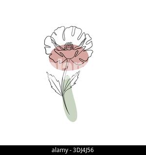 Disegno minimale a una linea di un fiore di papavero, elegante illustrazione floreale a linea continua, semplice arte botanica moderna su sfondo bianco. Foto Stock