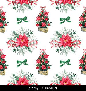 Motivo natalizio con acquerello senza cuciture caratterizzato da bouquet di poinsettia festivi, mini alberi decorati in scatole di legno, ornamenti rossi e archi verdi. A. Foto Stock
