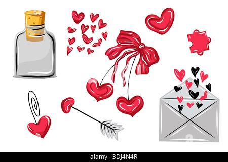 Set vettoriale di San Valentino con cuori, busta, freccia, fiocco, bottiglia e simboli d'amore nei colori rosso e rosa Illustrazione Vettoriale