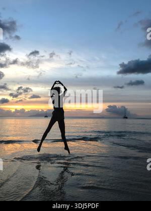 Silhouette di una donna che salta in acque poco profonde sulla spiaggia, formando una forma a cuore con le mani contro il cielo del tramonto. Amore, libertà, felicità. Foto Stock