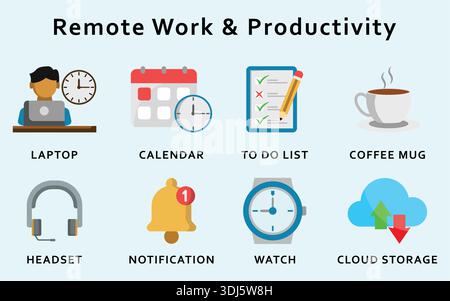 Icone piatte di lavoro remoto e produttività. Contenente lavoro, calendario, elenco delle attività da svolgere, tazza per caffè, cuffie, notifica, osservazione, archiviazione su cloud. Illustr vettoriale Illustrazione Vettoriale