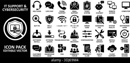 Un set completo di icone di supporto IT e sicurezza informatica. Ideale per soluzioni digitali e servizi tecnologici. Progettato per semplificare l'editing e la personalizzazione. Illustrazione Vettoriale