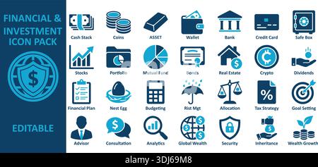 Raccolta di icone finanziarie e di investimento che presentano vari temi come il settore bancario, la sicurezza e la crescita della ricchezza. Ideale per il marketing digitale e finan Illustrazione Vettoriale