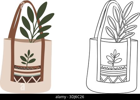 Borsa tote boho in tela con illustrazione vettoriale piatta e Line Art Illustrazione Vettoriale