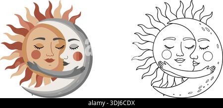 Sole e Luna abbracciano Celestial Embrace, set di illustrazioni bohémien Flat Vector Illustrazione Vettoriale