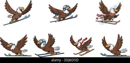 Collezione di mascotte di aquile cartoni animati che sciano sulla neve, simpatico personaggio di uccello che indossa attrezzature invernali come occhiali e sciarpa, set di illustrazioni vettoriali isolato Illustrazione Vettoriale