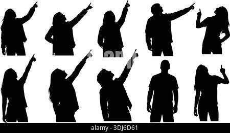 Set di silhouette vettoriali nere con uomini e donne che puntano le dita verso l'alto, che indicano la direzione o mostrano qualcosa, figu isolato Illustrazione Vettoriale