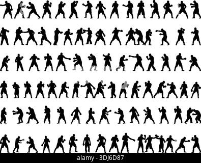 Ampia serie di silhouette da boxe, pugni e mosse di difesa, figure vettoriali degli atleti di combattimento maschili isolate su un dorso bianco Illustrazione Vettoriale
