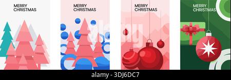 Set di quattro moderni biglietti d'auguri di buon Natale con alberi rosa stilizzati, baule rosse, scatole regalo verdi e forme geometriche, b vettoriale per le vacanze Illustrazione Vettoriale