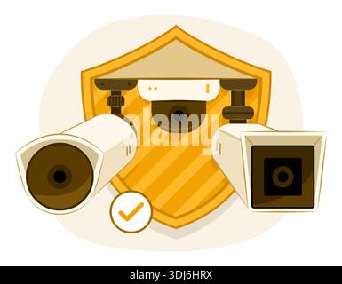Telecamera CCTV in diversi tipi con simbolo di protezione per telecamera di sorveglianza di sicurezza e illustrazione del concetto di servizio di monitoraggio della sicurezza Illustrazione Vettoriale