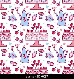 Dolce motivo doodle di San Valentino senza cuciture con torta alla ciliegia, tè ed elementi romantici. Sfondo a ripetizione vettoriale in stile disegnato a mano per Illustrazione Vettoriale