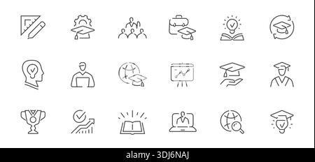Set di icone per l'istruzione e l'e-learning. Imparare, studiare il concetto. Insegne scolastiche o simboli in linea Illustrazione Vettoriale