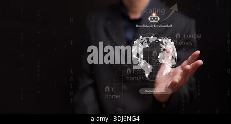 Robot in ogni concetto domestico. Uomo d'affari che tiene il globo pieno di robot domestici, scalando l'adozione della tecnologia robotica in ogni casa. Huma intelligente Foto Stock