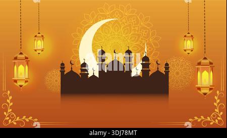 Striscione da notte Ramadan Kareem con lanterne dorate e una silhouette moschea su un caldo sfondo arancione. Disegno islamico festivo che rappresenta Illustrazione Vettoriale