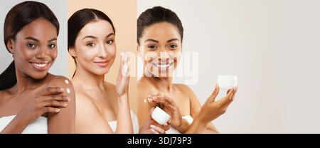 Collage di donne che praticano rituali di bellezza con prodotti per la cura della pelle in un ambiente luminoso Foto Stock