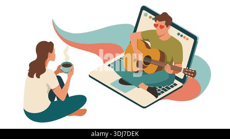 Illustrazione della videochiamata di coppia digitale a lunga distanza per San Valentino, romanticismo moderno a lunga distanza e connessione virtuale di San Valentino. Illustrazione Vettoriale