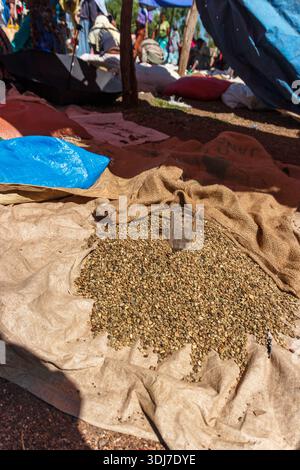 Chicchi di caffè crudi con misuratori di vetro presso un mercato all'aperto etiope Foto Stock