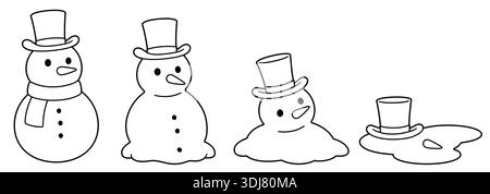 Carino pupazzo di neve dei cartoni animati che indossa un cappello a cappello in fase di fusione. Disegni a linee in bianco e nero per la colorazione. Disegno semplice, illustrazione vettoriale. Illustrazione Vettoriale