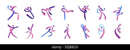 Logo dance. Corpo astratto di donna. Nastri curvilinei. Buon supporto familiare insieme. Man figure Ribbon. Forme astratte umane. Pose sportivi o ballerini. Le persone si muovono attivamente. Maratona. Set di icone vettoriali Illustrazione Vettoriale
