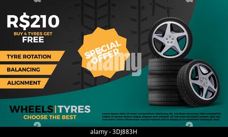Modello di design banner annuncio per auto con pneumatici. Volantino ruote per pneumatici. Vendita di servizi auto o pubblicità per riparazioni automobilistiche. Negozio di garage. Sostituzione della protezione in gomma e cerchione Illustrazione Vettoriale