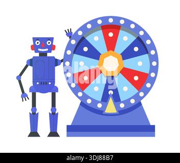 Ruota del casinò. Cerchio roulette rotante personaggio robot. Gioco d'azzardo. Scommesse robotiche su android. Vincere la lotteria. Fortuna rischiosa. Tecnologia AI. Fortuna per l'intelligenza artificiale. Concetto vettoriale Illustrazione Vettoriale