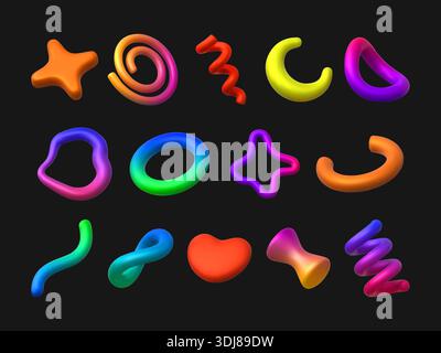 Forme astratte. Elementi floreali grafici Y2K, design a gradiente per divertenti figure liquide. Plastica ondulata per fulmini. Cuore e stella dai colori brillanti, spirali e onde diverse. Icone isolate vettoriali Illustrazione Vettoriale