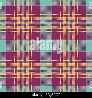 Scopri un moderno tocco digitale sul classico tartan con questo motivo a quadri pixelato. Caratterizzato da calde tonalità Bordeaux, verde acqua e arancione, è l'ideale per Illustrazione Vettoriale
