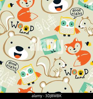 Simpatici animali del bosco motivo senza cuciture per il design tessile dei bambini. Illustrazione Vettoriale