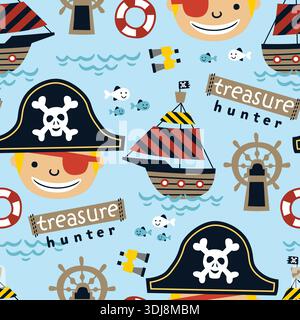 Pirata e cacciatore di tesori motivo nautico senza cuciture per tessuti per bambini. Illustrazione Vettoriale