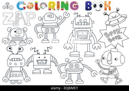 Collezione di simpatici personaggi robot e una pagina di libri da colorare UFO per bambini. Illustrazione Vettoriale
