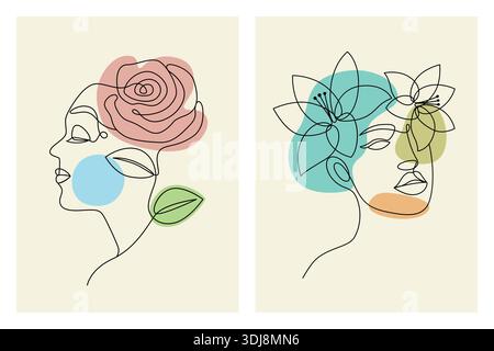 Ritratti minimalisti a linee continue di volti femminili con grandi fiori e forme di colore astratte. Illustrazione Vettoriale
