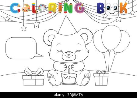 Simpatico orsacchiotto che celebra il compleanno con una torta e presenta una pagina di libri da colorare. Illustrazione Vettoriale