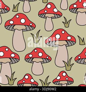 Composizione autunnale con disegno vettoriale senza cuciture e funghi agarici molli. Tessuti stagionali e fai da te Illustrazione Vettoriale