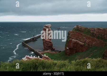 Le spettacolari scogliere costiere di Helgoland, con uccelli marini e l'iconica pila di rocce rosse che si innalzano sopra le onde del Mare del Nord. Foto Stock