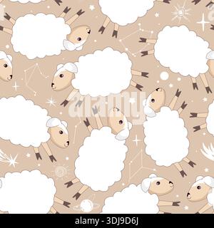 Graziosa pecora nel cielo notturno senza cuciture. Agnelli bianchi, costellazioni, pianeti e sfondo vivaio stelle. Design per stampe, tessuti, tessuti Illustrazione Vettoriale