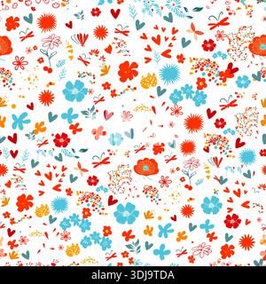 Motivo senza cuciture con piccoli fiori rossi e blu . Disegnato a mano. Non ai, illustrazione vettoriale Illustrazione Vettoriale