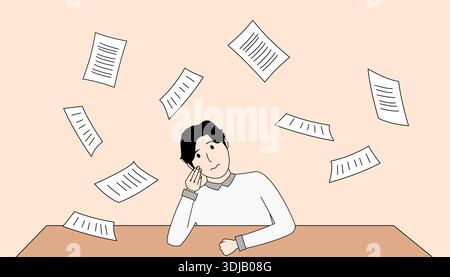 L'uomo si siede a un tavolo con un mucchio di carte davanti a sé. Sembra triste e sopraffatto dalla quantità di lavoro che deve fare. Concetto di stress e anxi Illustrazione Vettoriale
