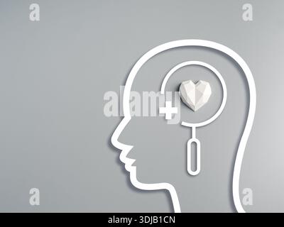 Forma minimale della testa con un cuore forte e geometrico bianco e icona medica, che simboleggia il controllo della salute mentale, il benessere emotivo, la cura psicologica, e m Foto Stock