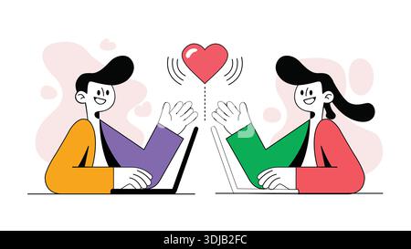 Coppia che si connette tramite notebook per la data virtuale di San Valentino e l'amore per le relazioni a lunga distanza, le relazioni online, l'Internet Romance, il colpo di stato virtuale Illustrazione Vettoriale