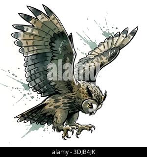 Illustrazione dell'effetto Splatter Art dell'acquerello volante del Gufo maestoso Illustrazione Vettoriale