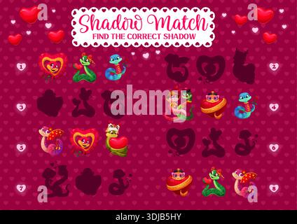 Foglio di lavoro del gioco Shadow Match con serpenti dei cartoni animati e cuori di San Valentino. Puzzle vettoriale con simpatici personaggi serpenti con fiori di rosa e ombre di cuori. Festa d'amore di San Valentino Illustrazione Vettoriale
