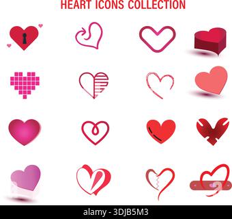 Vari simboli del cuore visualizzati come una raccolta di icone. Illustrazione Vettoriale